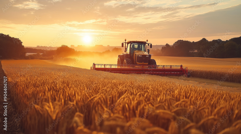 Fototapeta premium Tractor harvesting and baling wheat field