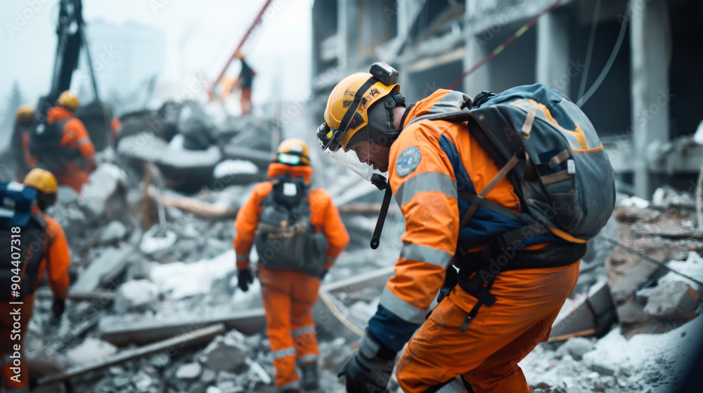 Rescue workers in orange safety suits and helmets conducting search and rescue operations in rubble after a disaster. Rescue workers in orange safety suits and helmets conducting search and rescue operations in rubble after a disaster.