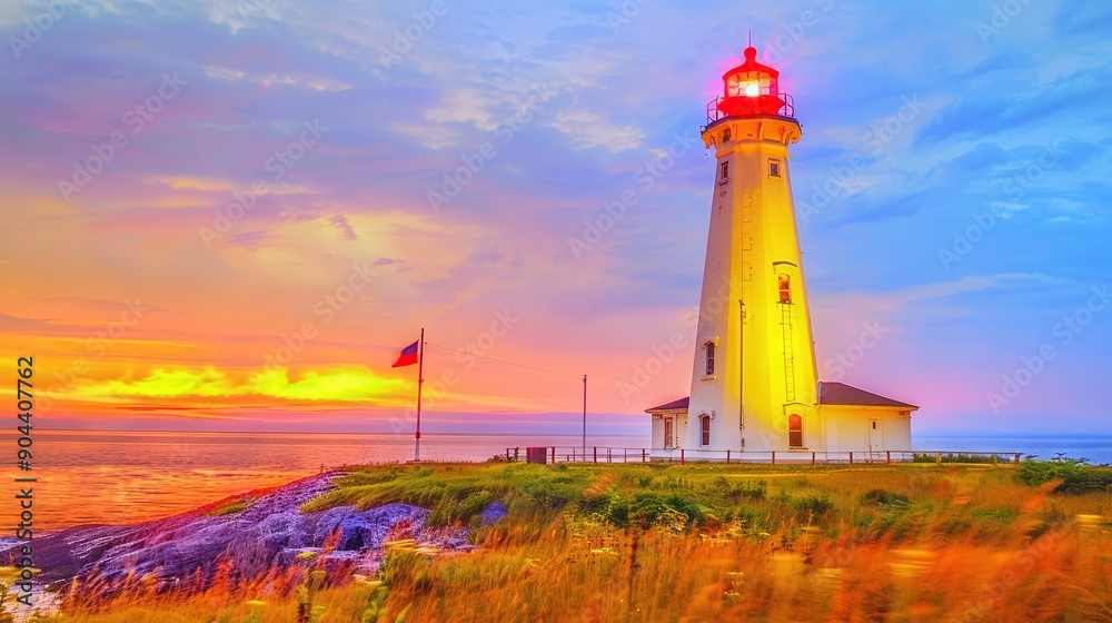 A lighthouse perched atop a hill overlooking a tranquil body of water during sunset A lighthouse perched atop a hill overlooking a tranquil body of water during sunset