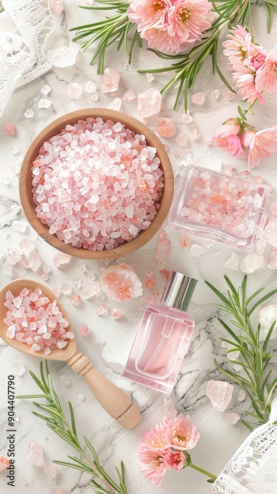 Naklejka premium A calming spa setup with bowls of pink Himalayan salt, essential oil bottle, delicate flowers, and a soothing candle arranged on a light grey surface