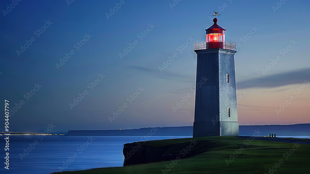 A lighthouse perched atop a hill overlooking a body of water, with a beacon emitting a red glow A lighthouse perched atop a hill overlooking a body of water, with a beacon emitting a red glow
