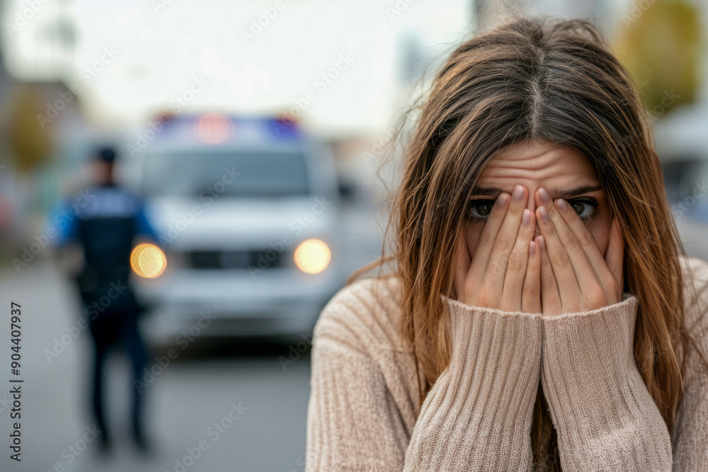 Distressed Woman with Police Officer and Patrol Car in Background Distressed Woman with Police Officer and Patrol Car in Background