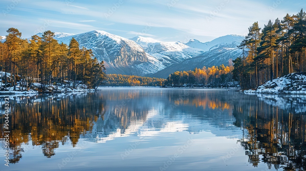 Lake amidst snow-capped mountains, surrounded by trees; blue sky with cloudy backdrop Lake amidst snow-capped mountains, surrounded by trees; blue sky with cloudy backdrop