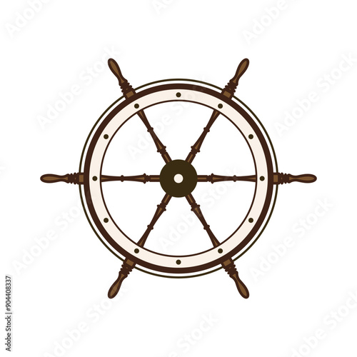 Wooden vintage steering wheels. Ship, sailboat or yacht retro wheel symbol. Nautical rudder icon. Marine logotype design element. Vector illustration