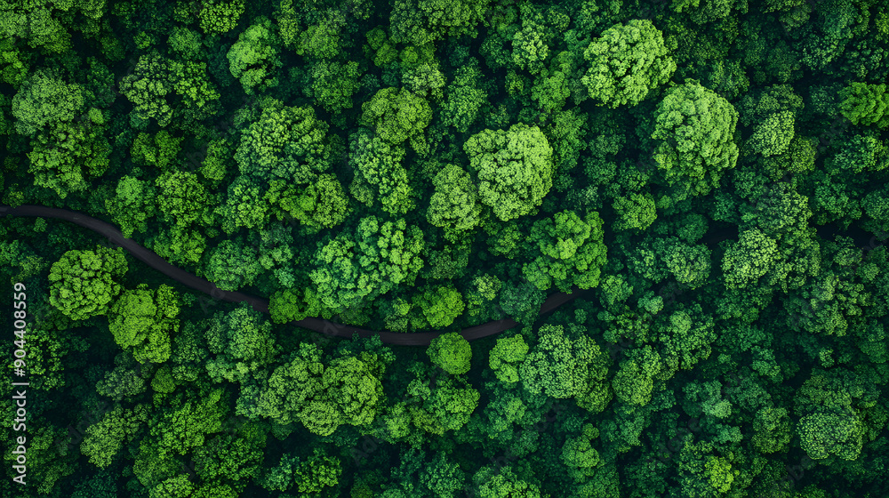 Aerial view of dense forest and winding paths from drone, clear day Aerial view of dense forest and winding paths from drone, clear day