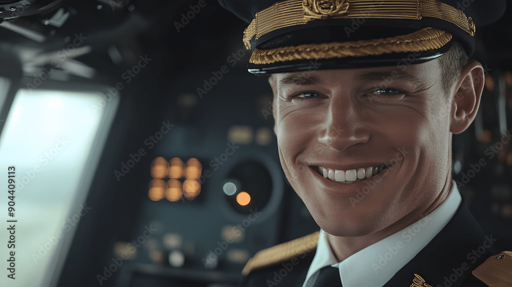 Close-up portrait of pilot in uniform with cockpit background