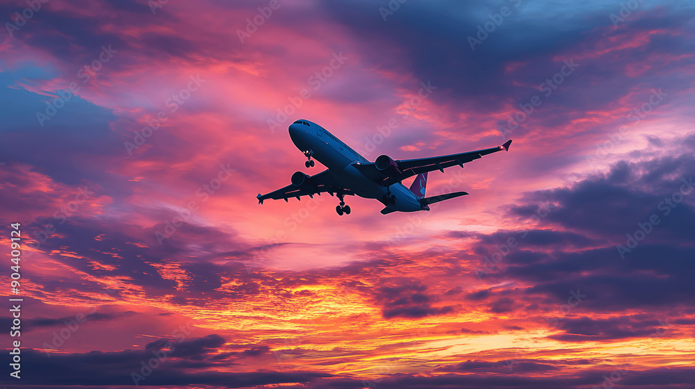 Commercial airplane in flight with vibrant sunset backdrop Commercial airplane in flight with vibrant sunset backdrop