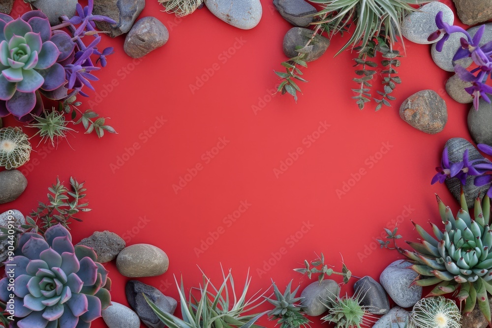 Calming Succulents and Cacti Frame with Smooth Stones and Air Plants on a Solid Red Background Calming Succulents and Cacti Frame with Smooth Stones and Air Plants on a Solid Red Background