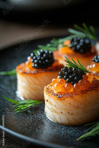 Clean depiction of a beautifully arranged dish featuring caviar, with elegant presentation on a fine dining plate,