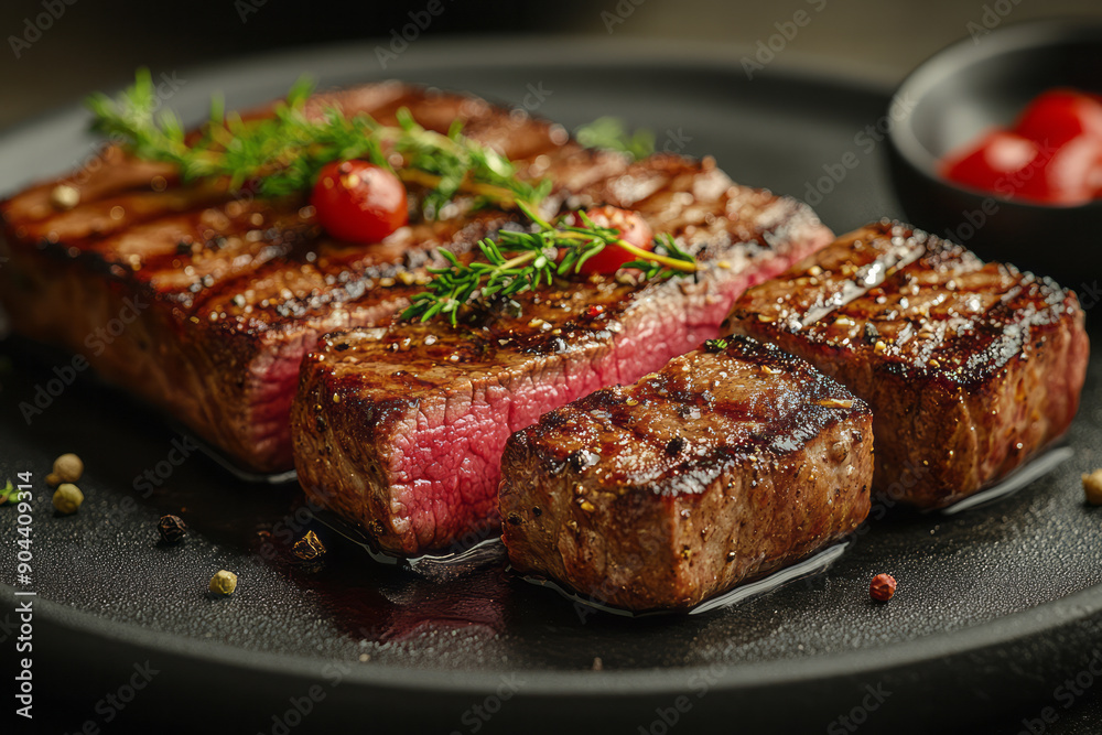 Elegant scene showcasing a whole wagyu beef steak, perfectly seared and garnished with minimalistic flair, Elegant scene showcasing a whole wagyu beef steak, perfectly seared and garnished with minimalistic flair,