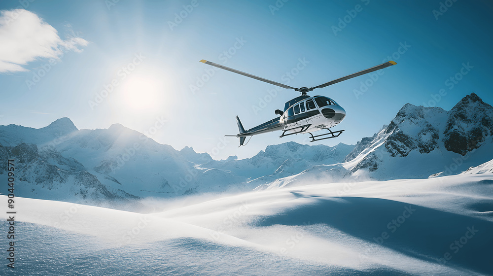 Obraz premium Helicopter tour flying over snowy mountain range with bright sunlight
