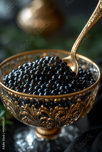 Elegant representation of a serving of Beluga caviar in a small, crystal-clear dish with a mother-of-pearl spoon,