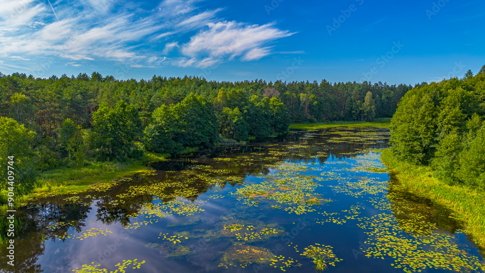 View of the floodwaters of the Mątawa River in Biały Błota, Poland