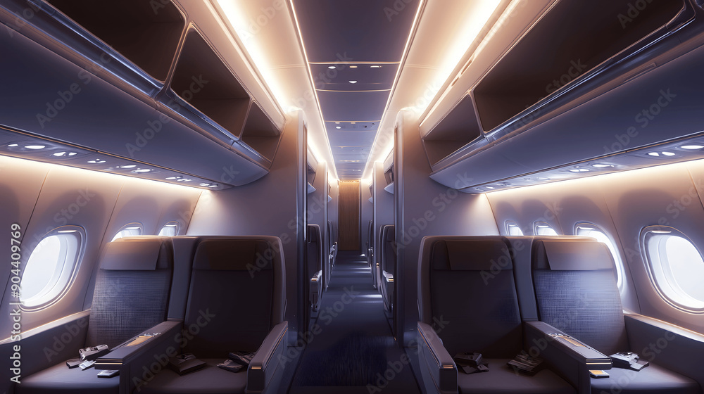 Modern airplane interior with aisle seats and organized overhead bins Modern airplane interior with aisle seats and organized overhead bins