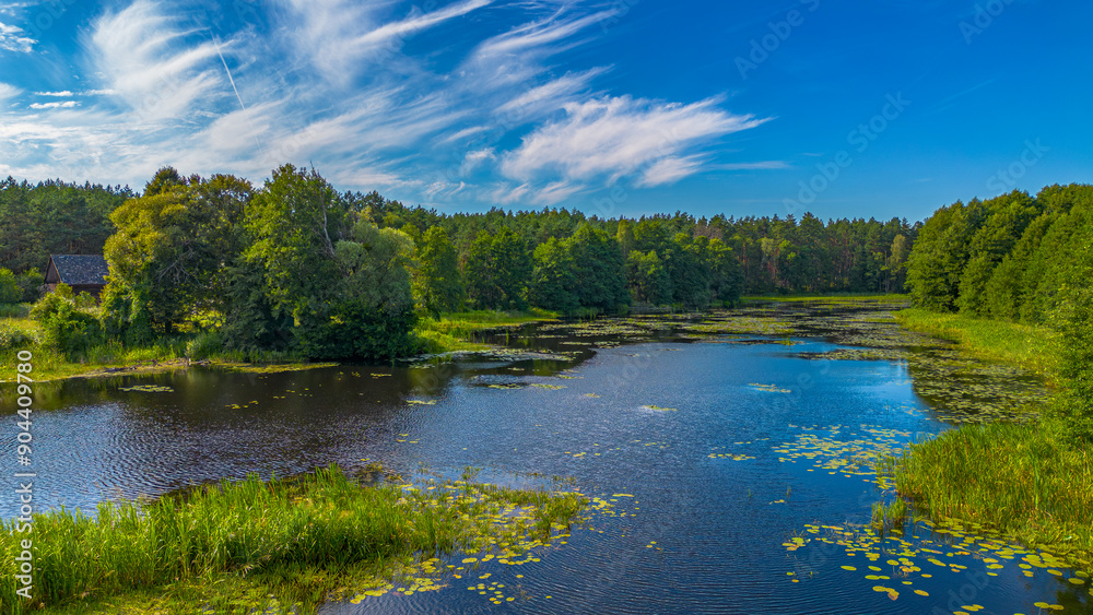 View of the floodwaters of the Mątawa River in Biały Błota, Poland