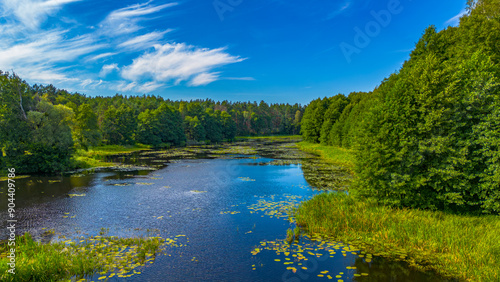 View of the floodwaters of the Mątawa River in Biały Błota, Poland
