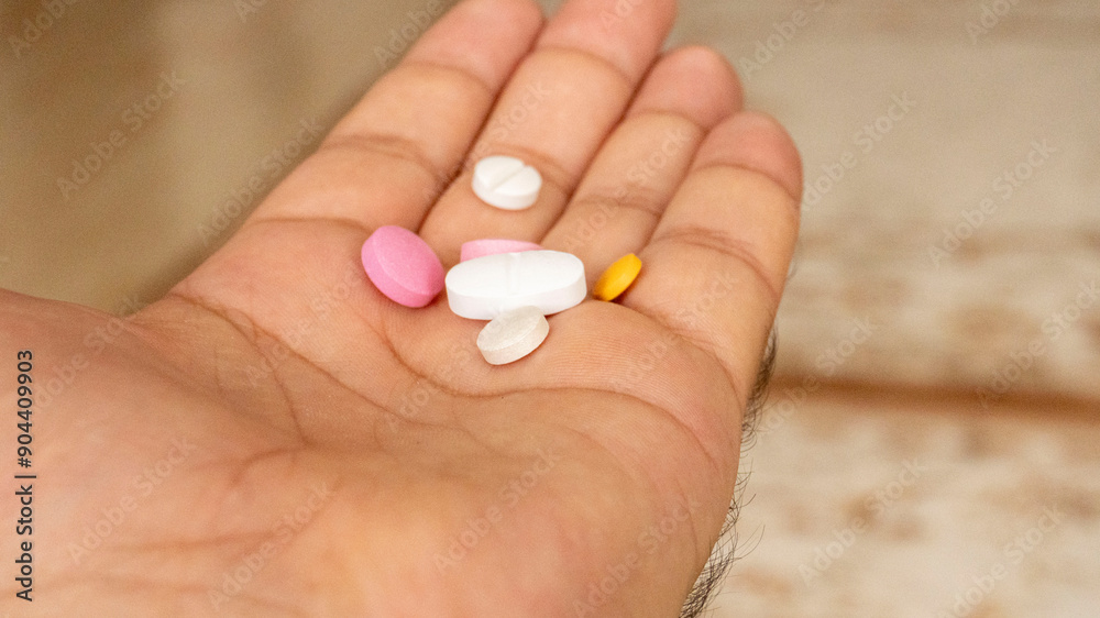 male model holding various health pills in his hand male model holding various health pills in his hand