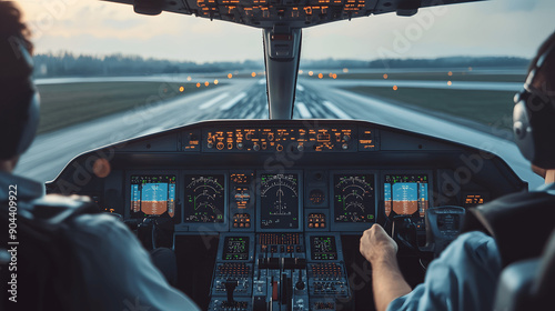 Pilot in cockpit preparing for takeoff with runway visible photo