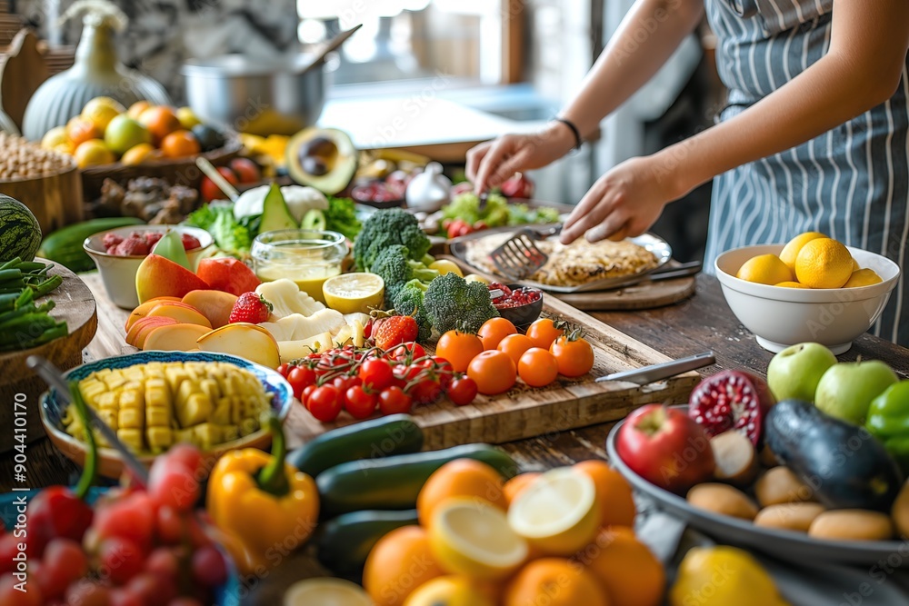 Assorted fresh fruits and vegetables on kitchen counter, healthy cooking, organic ingredients, vibrant produce Assorted fresh fruits and vegetables on kitchen counter, healthy cooking, organic ingredients, vibrant produce