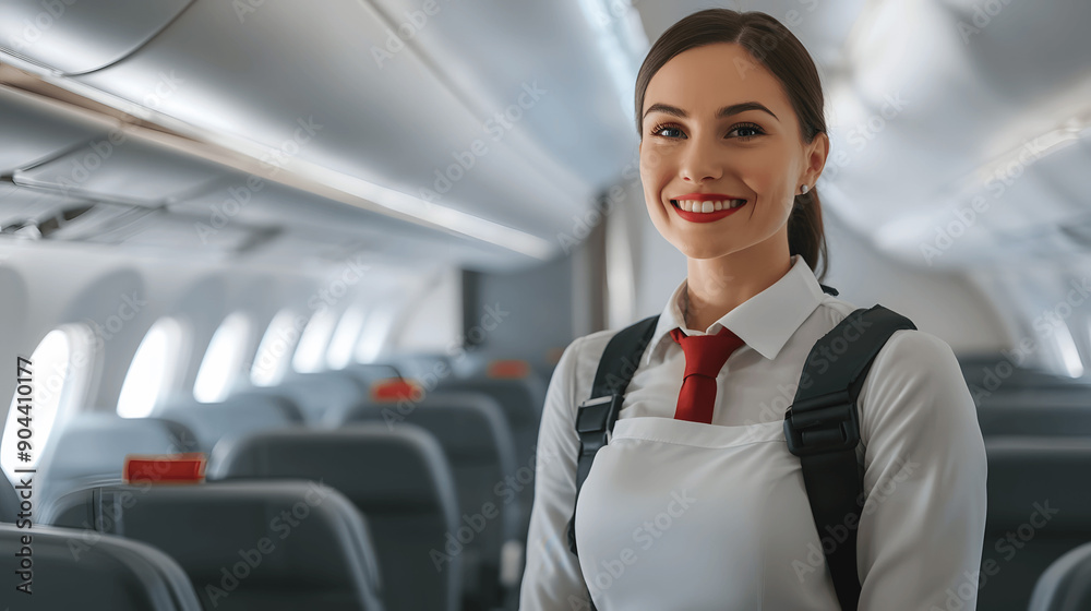 Flight attendant standing at front of cabin ready to assist passengers