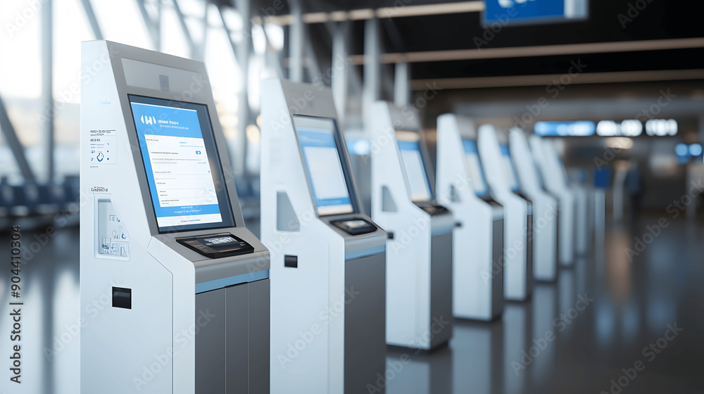 Self-service check-in kiosks at airport with user-friendly interface Self-service check-in kiosks at airport with user-friendly interface