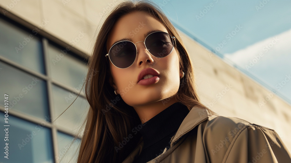 A model wearing a fashionable, casual outfit with modern accessories