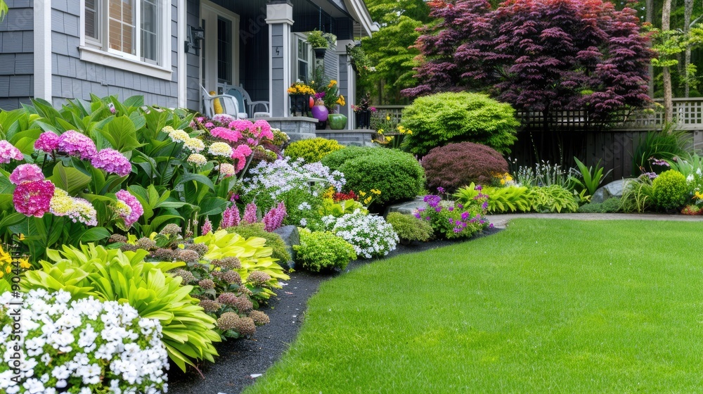 Naklejka premium A coastal cottage is adorned with vibrant spring flowers, creating a picturesque view on a serene day