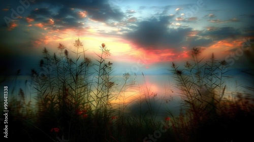  A sunset over a body of water with tall grass in the foreground and a cloudy sky in the background can be described as picturesque