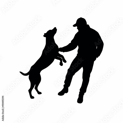 a trainer train the dog vector silhouette, white background