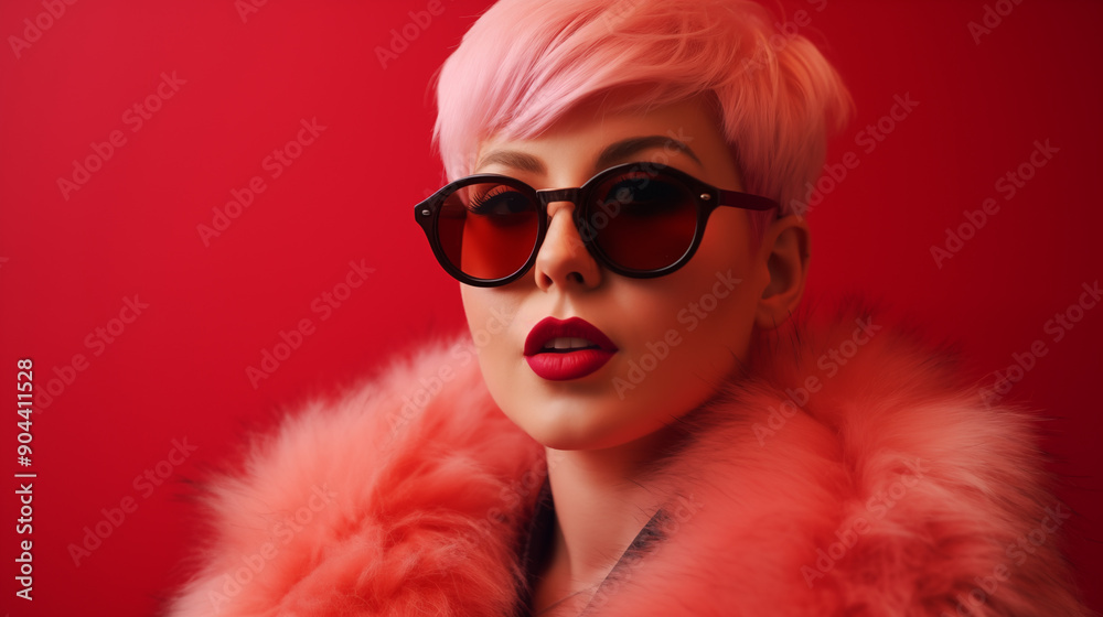 A woman with short pink hair wears oversized sunglasses and a pink fur coat. She has bold red lipstick, set against a vibrant red background, creating a stylish and edgy look A woman with short pink hair wears oversized sunglasses and a pink fur coat. She has bold red lipstick, set against a vibrant red background, creating a stylish and edgy look