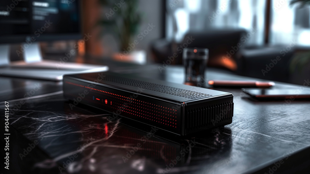 A sleek, high-tech portable speaker with a modern design A sleek, high-tech portable speaker with a modern design