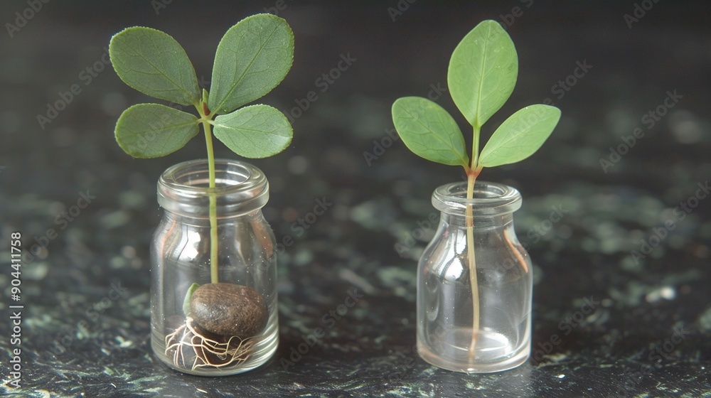 Two glass jars, each with a plant emerging from the top Two glass jars, each with a plant emerging from the top