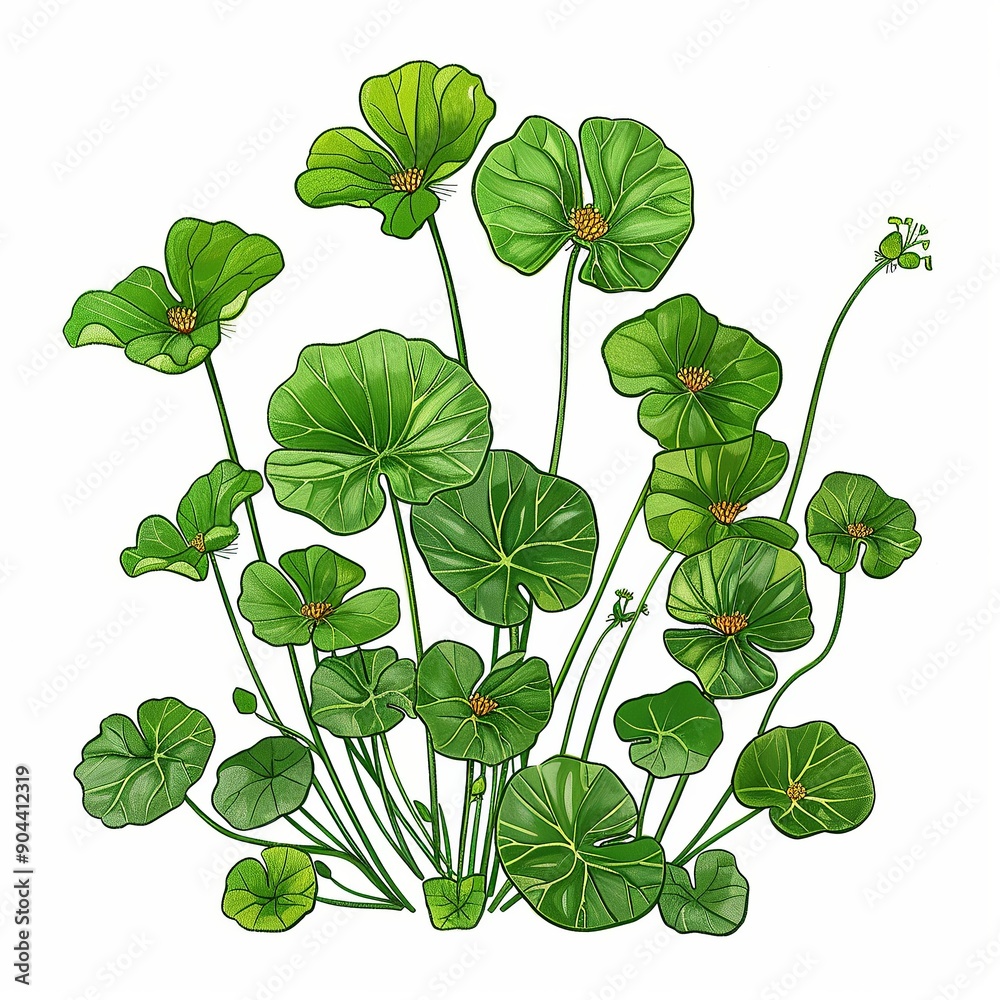 Green leaves with yellow flowers on tall stems. Botanical illustration. Nature and foliage concept. Centella asiatica. Ayurveda. ayurvedic herbs. Generative AI Green leaves with yellow flowers on tall stems. Botanical illustration. Nature and foliage concept. Centella asiatica. Ayurveda. ayurvedic herbs. Generative AI