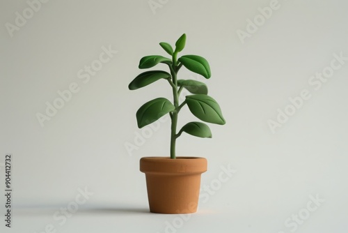 Small potted green plant with simple leaves in terracotta pot. Minimalist studio photography on white background. Mint. Ayurveda. ayurvedic herbs. Generative AI