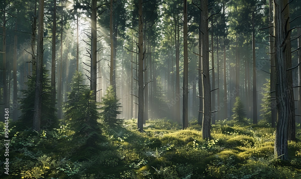 Naklejka premium Peaceful forest scene with tall trees and dappled sunlight, natural tranquility