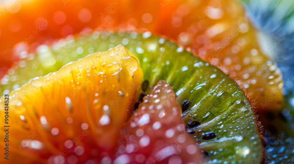 Vibrant Slices of Fresh Fruit Displayed on a Colorful Background With Dew Drops in Morning Light Vibrant Slices of Fresh Fruit Displayed on a Colorful Background With Dew Drops in Morning Light