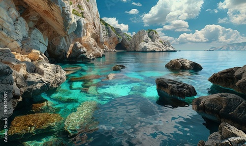 Turquoise sea with rocky cliffs