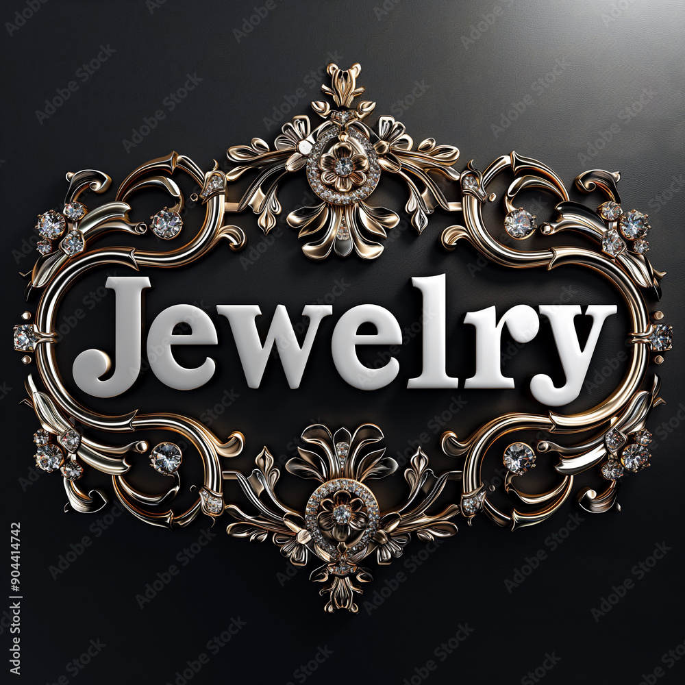 Luxury 3D text jewelry inscription with shiny gemstones