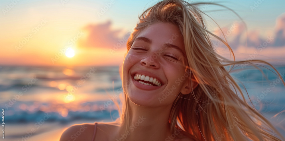 Smiling young woman with blonde hair enjoying the beach at sunset. Close-up portrait with ocean waves in the background. Summer vacation and travel concept. Design for poster, wallpaper, print, banner Smiling young woman with blonde hair enjoying the beach at sunset. Close-up portrait with ocean waves in the background. Summer vacation and travel concept. Design for poster, wallpaper, print, banner