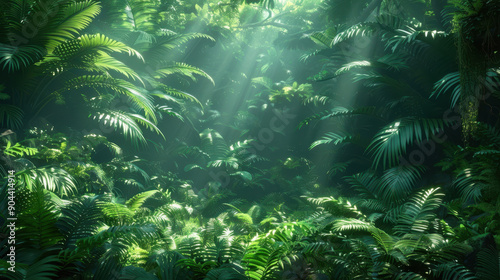 Lush green forest with sunlight filtering through, creating a serene atmosphere in nature photography.