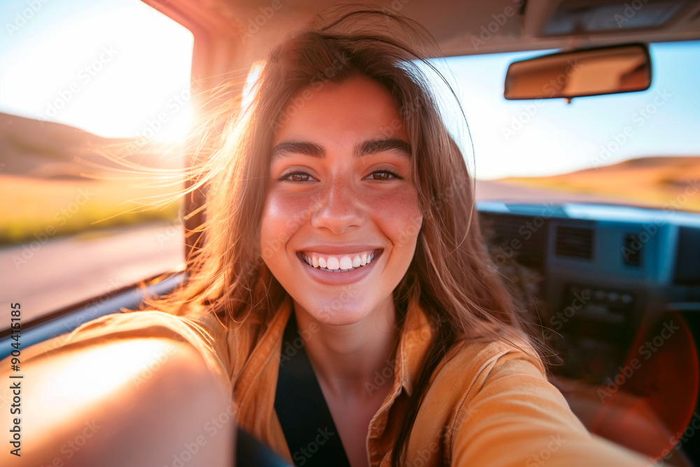 Young woman smiling and taking a selfie inside a car during a road trip with the sun setting in the background, capturing a moment of joy and adventure