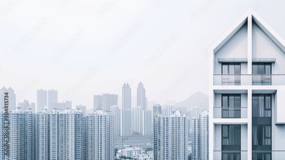 Fototapeta premium A modern house features elegant architecture and well-maintained landscaping under a grey sky, ideal for peaceful living in a serene suburban setting