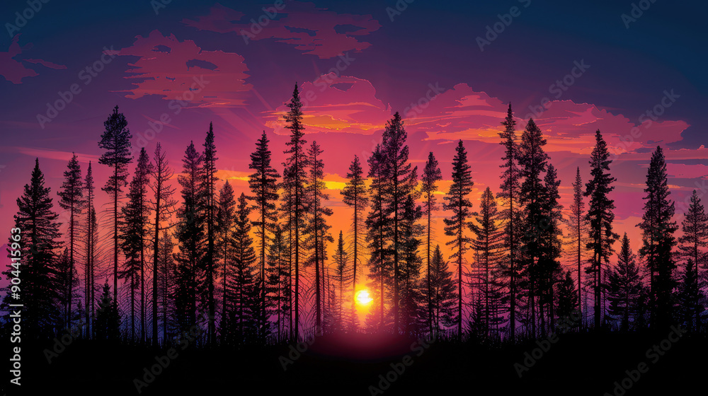 Breathtaking sunset landscape with pine trees illuminated by golden hour light, showcasing vibrant colors in nature scenery. Breathtaking sunset landscape with pine trees illuminated by golden hour light, showcasing vibrant colors in nature scenery.