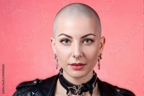 portrait showcases a stylish queer woman with a shaved head and nose ring making direct eye contact. pink background. generative AI