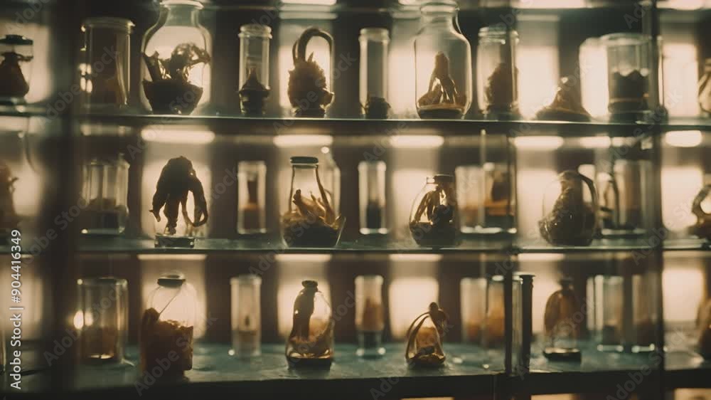 Jars in laboratory with strange alien species, insect reptile mutant chimeras. Animal experiments. Mad scientist laboratory. Horror or sci-fi movie theme, footage. Biohazard. Breeding. Jars in laboratory with strange alien species, insect reptile mutant chimeras. Animal experiments. Mad scientist laboratory. Horror or sci-fi movie theme, footage. Biohazard. Breeding.