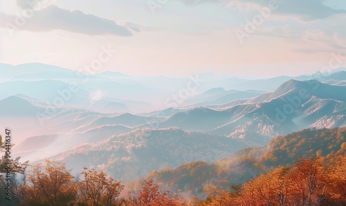 Mountain range in autumn haze, golden and crimson leaves