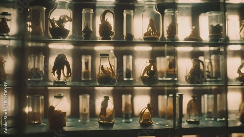 Jars in laboratory with strange alien species, insect reptile mutant chimeras. Animal experiments. Mad scientist laboratory. Horror or sci-fi movie theme, footage. Biohazard. Breeding.