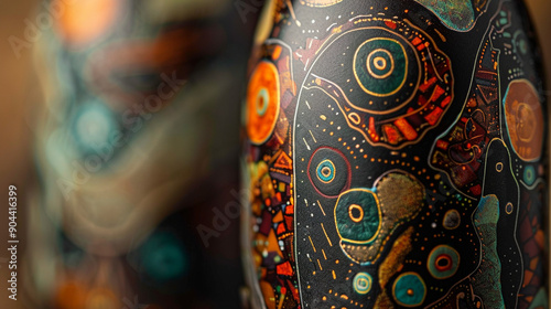 Close-up of a rare wine bottle label with abstract, intricate design and rich colors