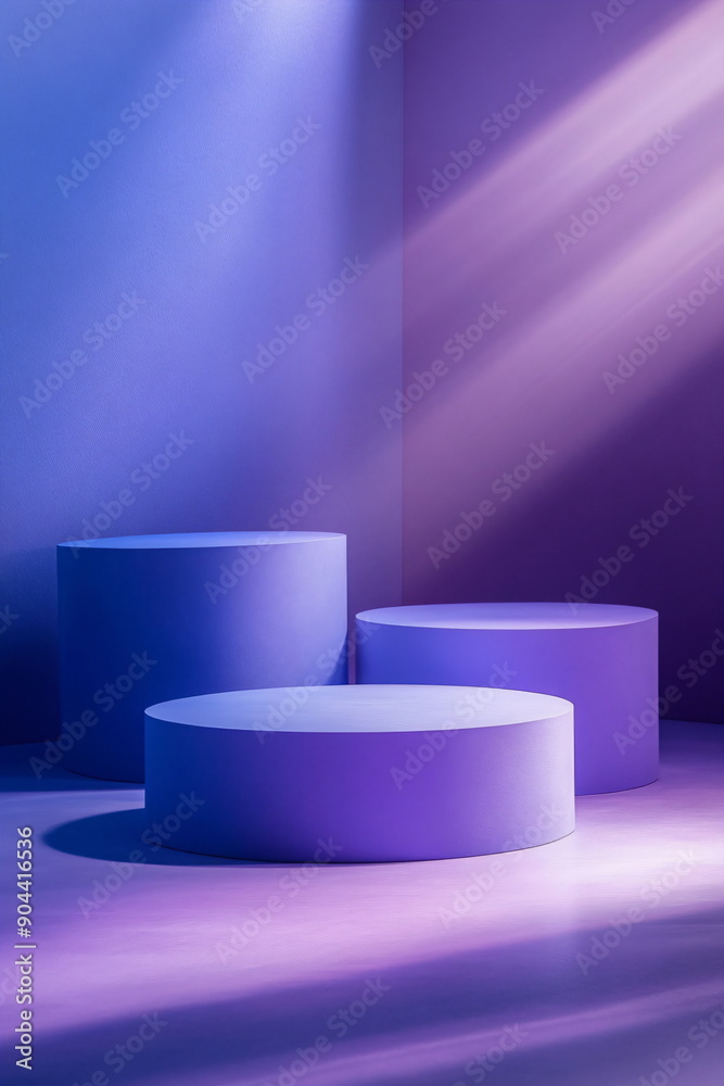 three pedestals in a minimalist environment with incoming purple blue light three pedestals in a minimalist environment with incoming purple blue light