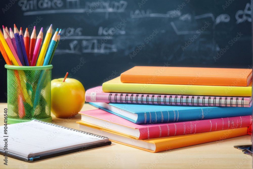 Get ready to learn and back-to-school. A colorful array of notebooks, pencils, and rulers is displayed against a playful backdrop. generative AI